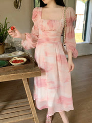 Aiertu Chiffon Long Sleeve Floral Midi Dress Chic French Slim Elegant Women Dress Casual Fashion Beach Style Office Lady Dresses Aiertu
