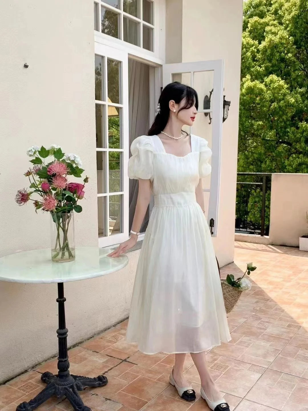 Aiertu Elegant and Chic Women Solid Summer Dress Vintage A-Line Short Sleeve Party Prom Dresses Female Clothes Long Robe New Aiertu