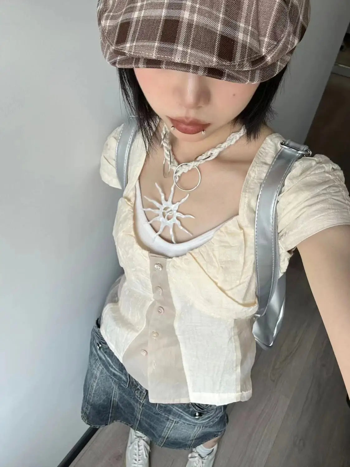 Aiertu Y2K Vintage Women's Blouse See Through Short Sleeve Slim Shirts Japanese 2000s Style Summer Gyaru Streetwear Cardigan Aiertu