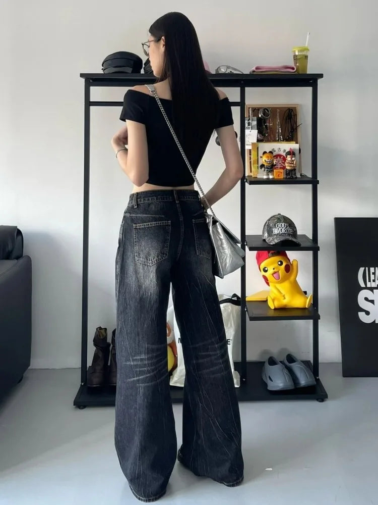 Aiertu Grunge Y2k Black Jeans Women Baggy Vintage High Street Oversized Denim Trousers Gothic Gyaru 2000s Acubi Fashion Jeans Aiertu