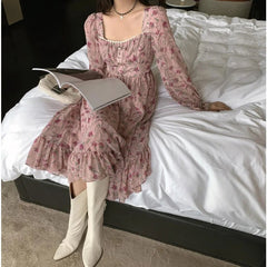 AIERTU  -  Spring clothes, new French retro square collar, long chiffon and rose stem, orange floral dress Aiertu