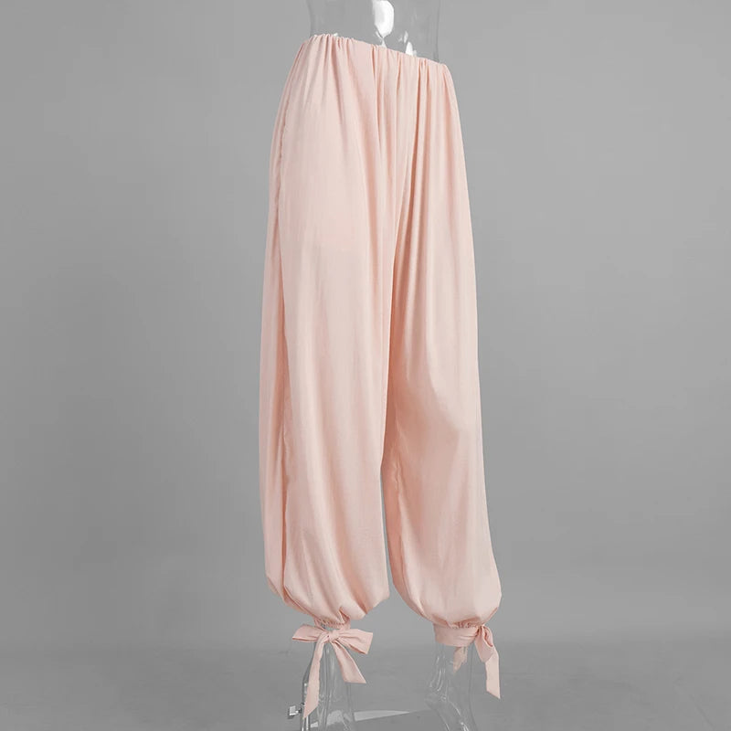 AIERTU  -  Summer Spring Strapped Lantern Pants High Waist Elastic Loose Sweet Girl's Party Long Ruched Pink Trousers Clubwear Aiertu