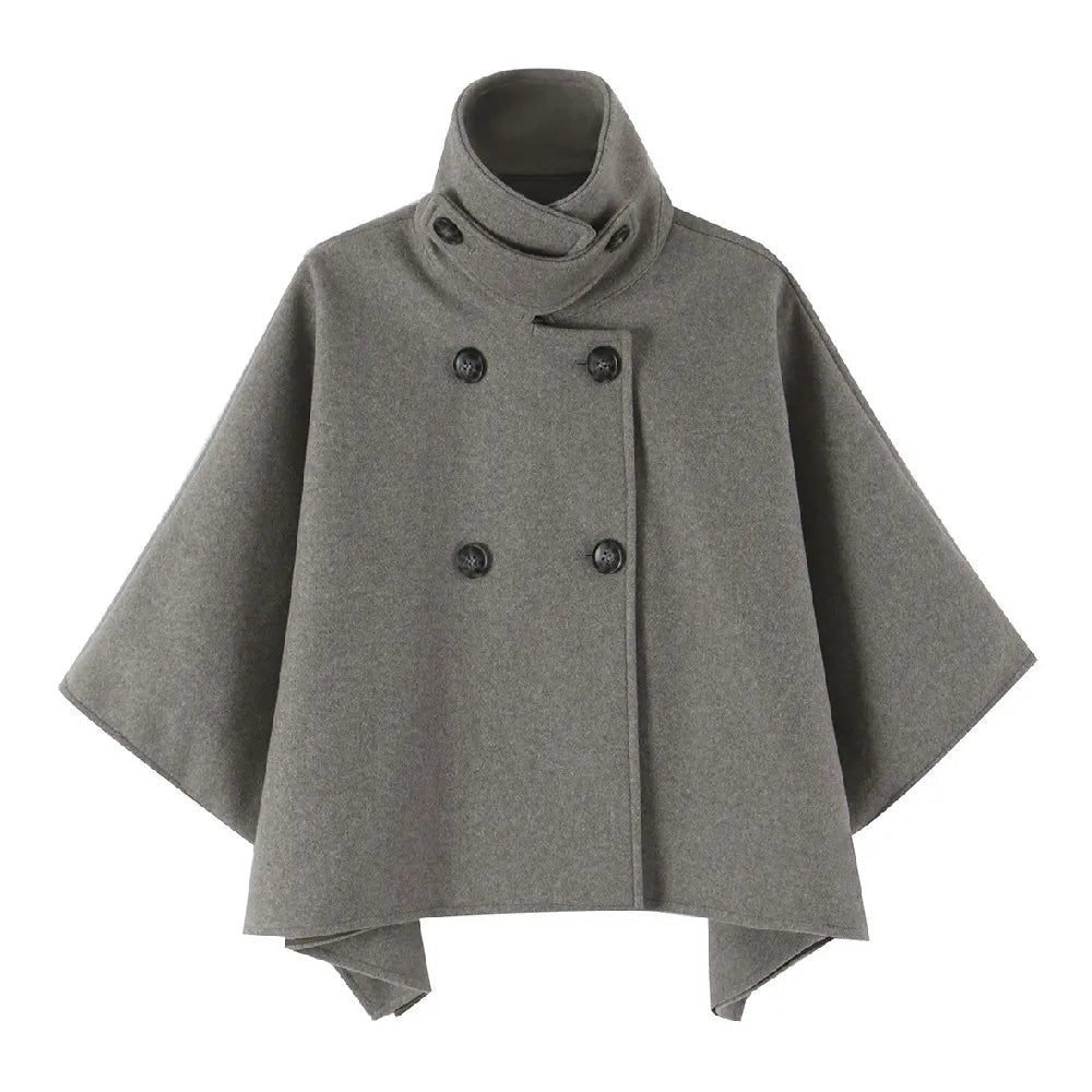 AIERTU  -  Autumn Winter Women High Collar Woolen Cape Coat Double-breasted Buttons Bat Sleeve Cloak Shawl Jacket Loose Outerwear Gray Aiertu