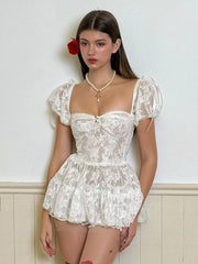 Aiertu 2024 Summer Lace Coquette Sexy  Puff Sleeve Mini Dress Women Sweet Girls Retro Elegant Party Short Dresses Aiertu
