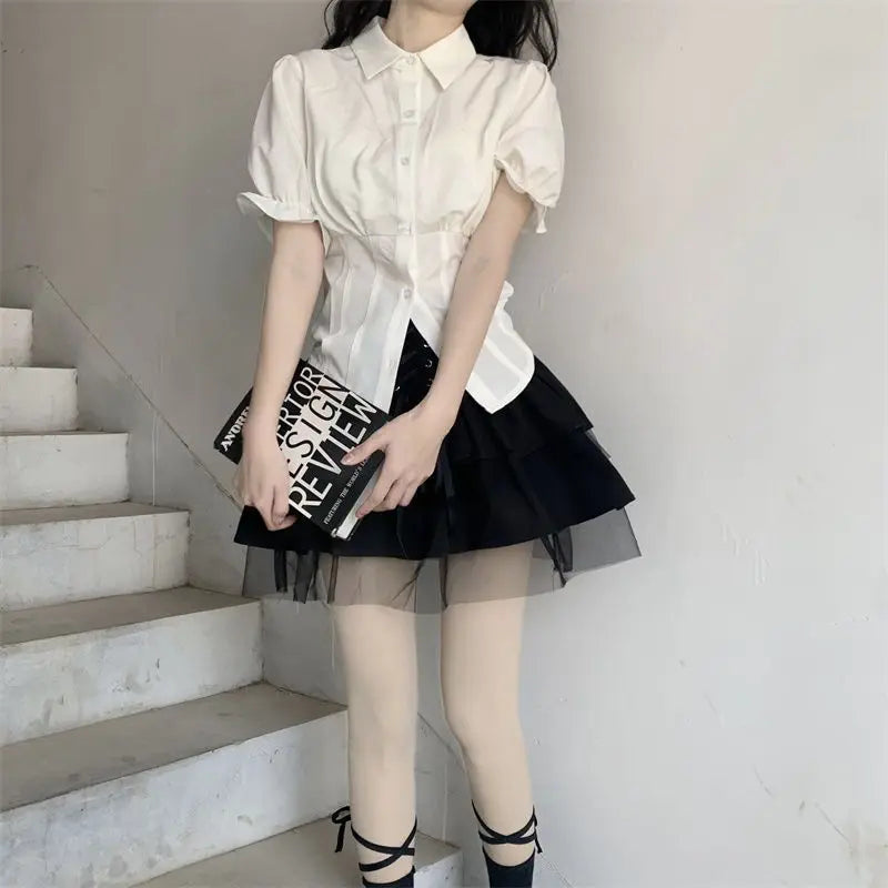 Aiertu Sexy White Blouses Women Korean Fashion Shirt Chic Harajuku Preppy Elegant Female Japanese Casual JK Slim Y2k Blusas Cute Tops Aiertu