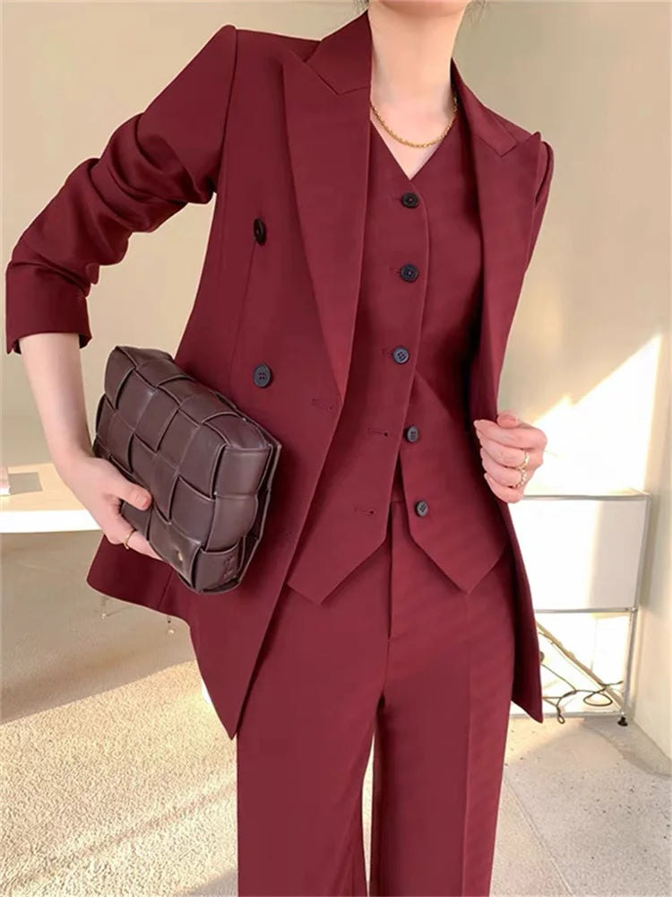 Aiertu Burgundy Suit Set Women Spring Office Ladies Lapel Single Breasted Vest Wide Leg Pants Blazer Three Piece Set Aiertu