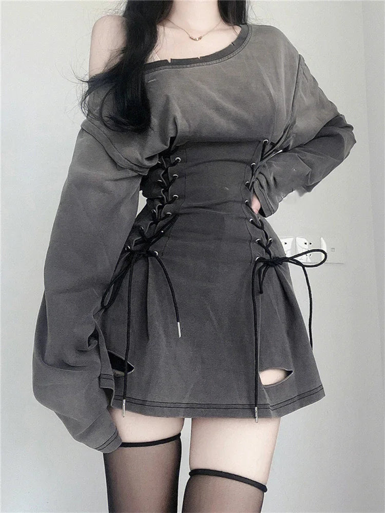 Aiertu New Fairycore Grunge Goth Corset Dress Women Aesthetic Harajuku Streetwear Bandage Slim Bodycon Dress Y2k 90s Indie Clothes Aiertu