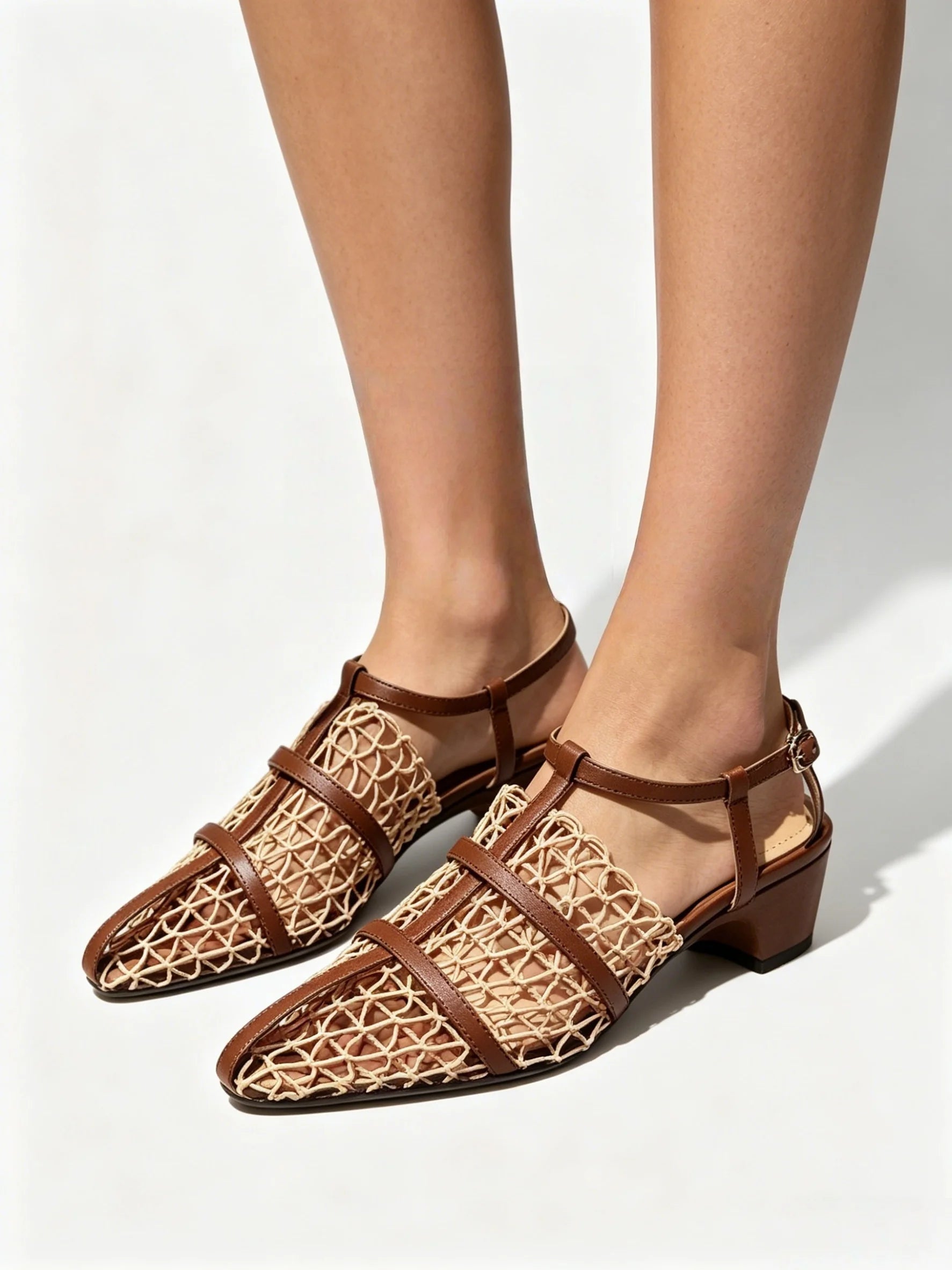 AIERTU  -  Summer New Vintage Hollow Woven Low Heel Sandals Women Elegant Pointed Toe Block Heel Strap Casual Shoes Aiertu