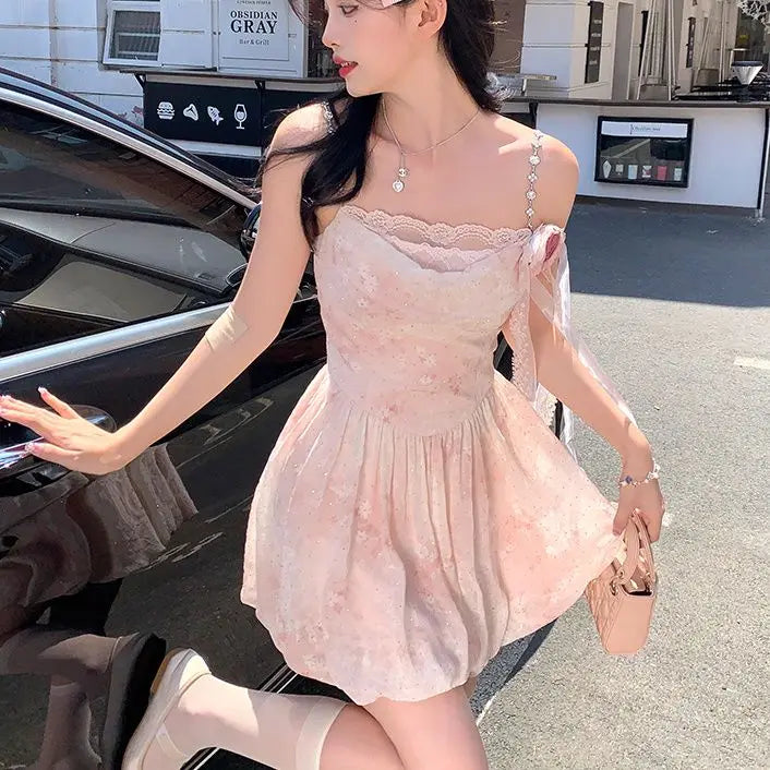 Aiertu Elegant Sleeveless Strap Mini Dress Women Beach Style Lace Dress Even Party 2024 Summer Vintage One Piece Dress Korean Fashion Aiertu