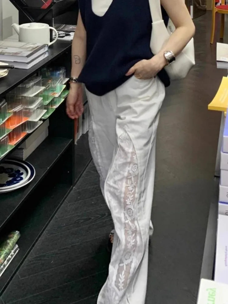 Aiertu New Bottoms Y2k Wide Leg Pants for Women Fashion Patchwork Lace White Trousers High Waist Straight Casual Summer Pantalon Femme Aiertu
