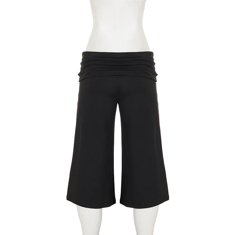 AIERTU  -  Women's Pleated High Waist Casual Solid Color Midi Flare Pants Y2K Overlap Summer Loose Fit Loungewear Bottoms Aiertu