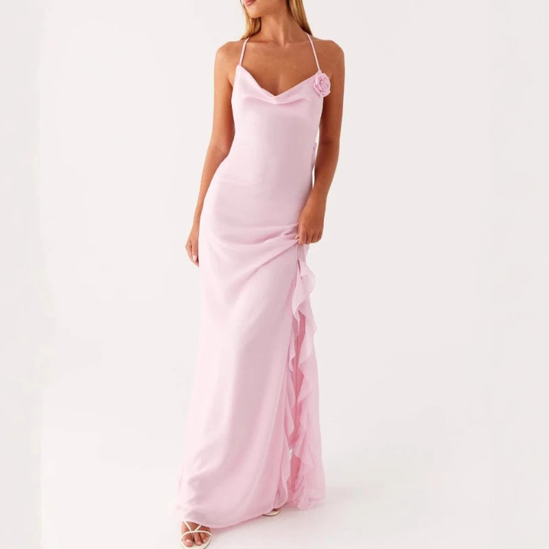 AIERTU  -  Women'S Summer Pink Slim Suspenders Straps Rose Appqulie Sleeveless Dress V-Neck  Flowers Split Ruffles Maxi Dress Elegant Party Aiertu