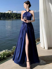Aiertu Blue Slim Halter Backless High Split Maxi Dress Woman Elegant Pleated Sexy Birthday Party Evening Long Dress Summer Fashion Aiertu