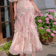 Aiertu Women Summer Fashion Floral Goblincore Ruffles Slim Party Midi Dresses Lady Skinny Fairy  Dress Aiertu