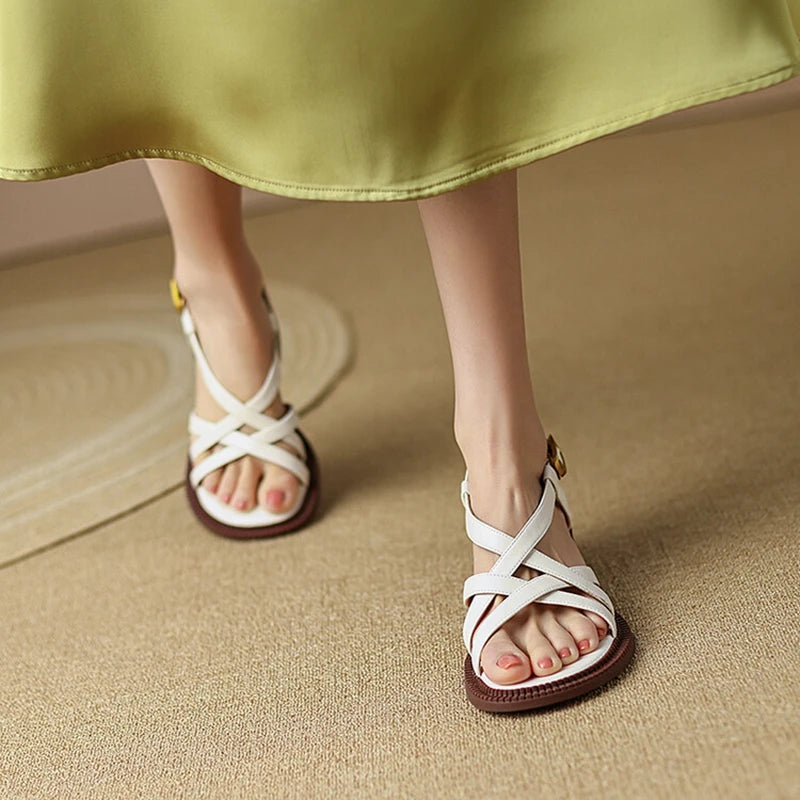 Aiertu Summer Women Shoes Open Toe Chunky Heel Women Sandals Split Leather High Heels Cross-tied Shoes Handmade Shoes for Women Aiertu