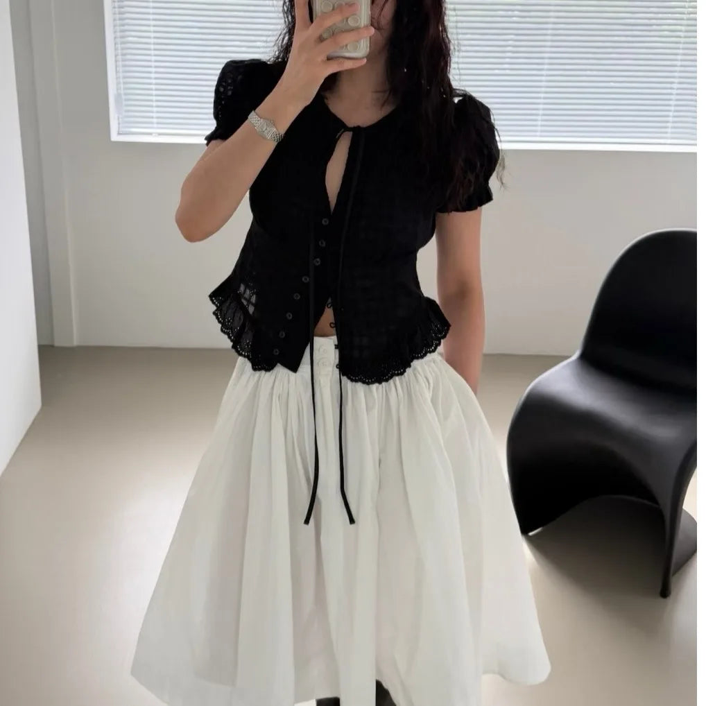 AIERTU  -  Elegant V-Neck Single-Button Embroidered Floral Pattern Women's Shirt Stylish Korean Style Top for Summer Fashionable Aiertu