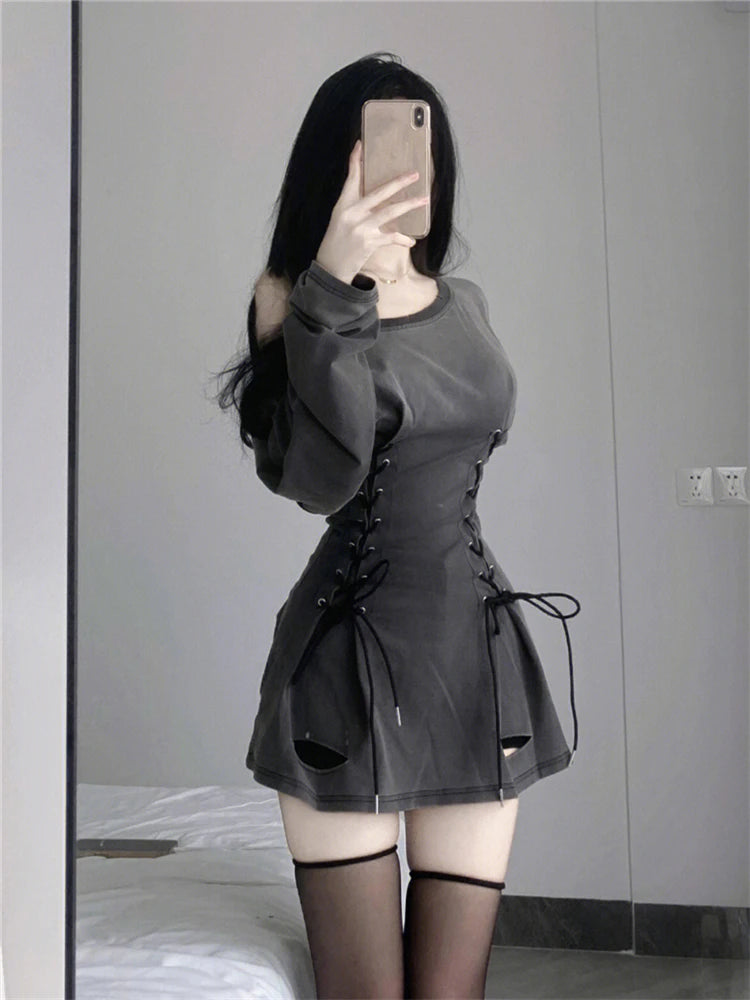 Aiertu New Fairycore Grunge Goth Corset Dress Women Aesthetic Harajuku Streetwear Bandage Slim Bodycon Dress Y2k 90s Indie Clothes Aiertu
