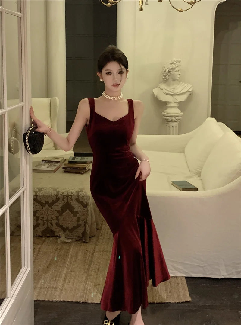 AIERTU  -  French Style Vintage Wine Red Camisole Long Dress Elegant Women Spring Autumn Solid Slim Mermaid Ladies Evening Party Robe New Aiertu