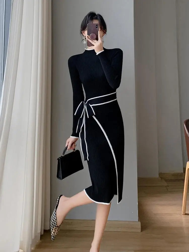 Aiertu Korean Fashion Slim Half High Neck Black White Patchwork Sweater Dress Women Elegant Slim Long Sleeve Bandage Knitted Midi Dress Aiertu