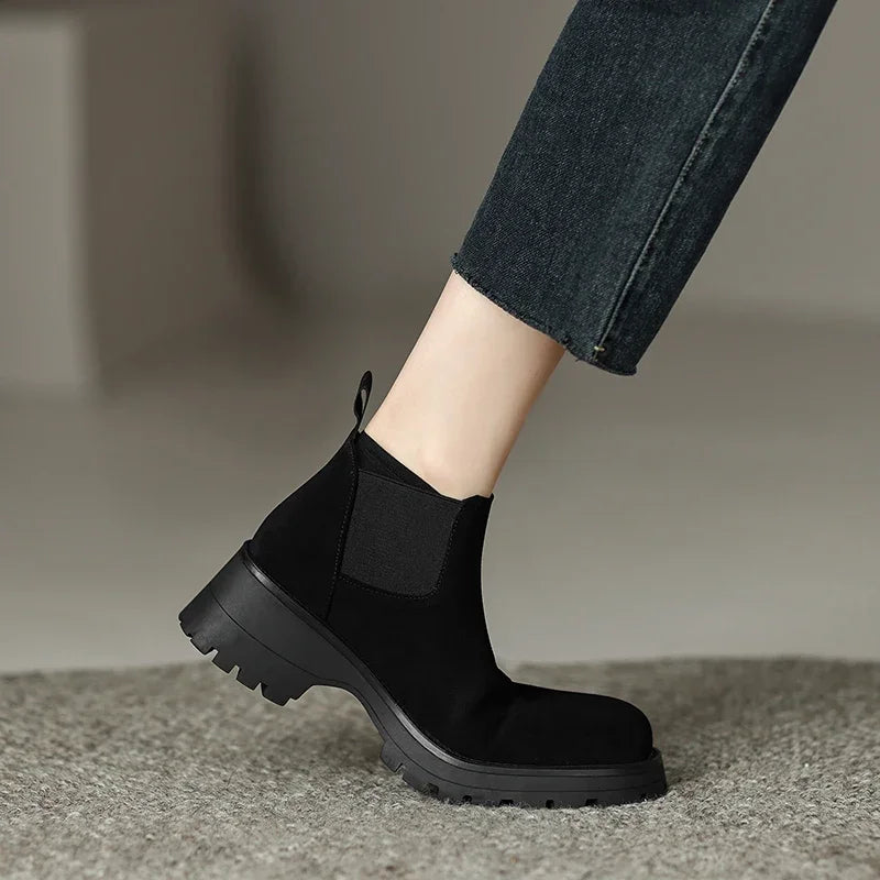 Autumn Women Boots Round Toe High Heel Cow Suede Leather Women Shoes Boots Winter Chunky Heel Ankle Boots Genuine Leather Aiertu