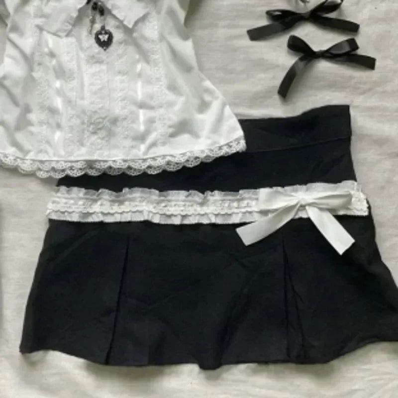 Aiertu Summer New Two Piece Sets Women Japanese Sweet Vintage Lace Slim Short Sleeve Tops + Y2k High Waist Bow Patchwork Skirts Aiertu