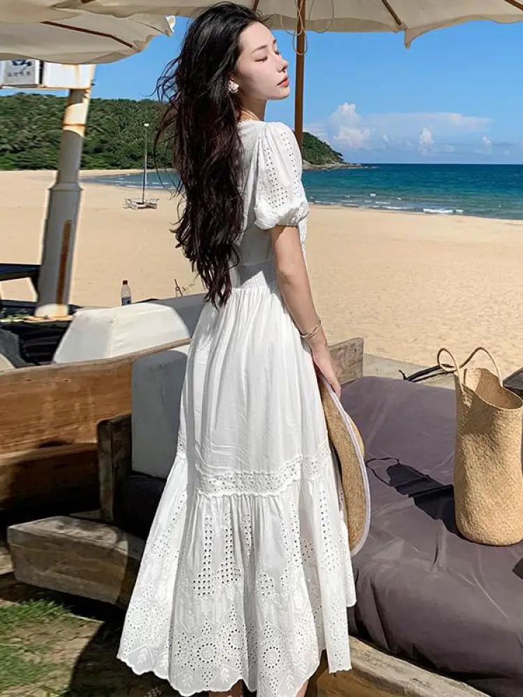 Aiertu Vintage Summer White Hollow Out Embroidery Long Dress For Women V Neck Short Sleeve High Waist Slim Evening Party Dresses French Aiertu