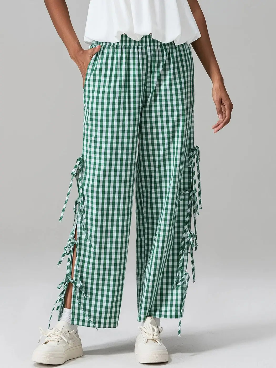 AIERTU  -  Women Plaid Wide Leg Pants Side Tie-Up Hollow-Out Loose Straight Trousers Bottoms Spring Summer Fashion Casual Sweatpants Aiertu