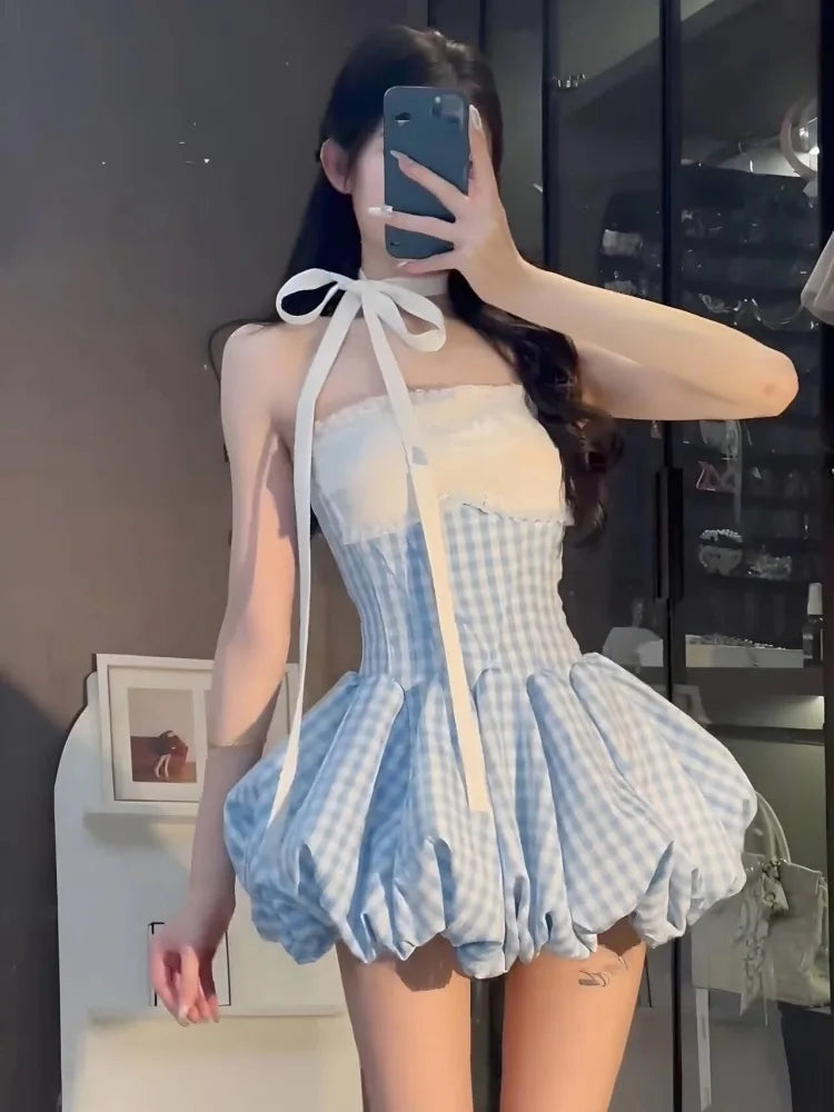 AIERTU  -  Blue Gingham Halter Mini Dress Women Y2K Ruffle Bustier Puff Balloon Hem Party Dress Aiertu