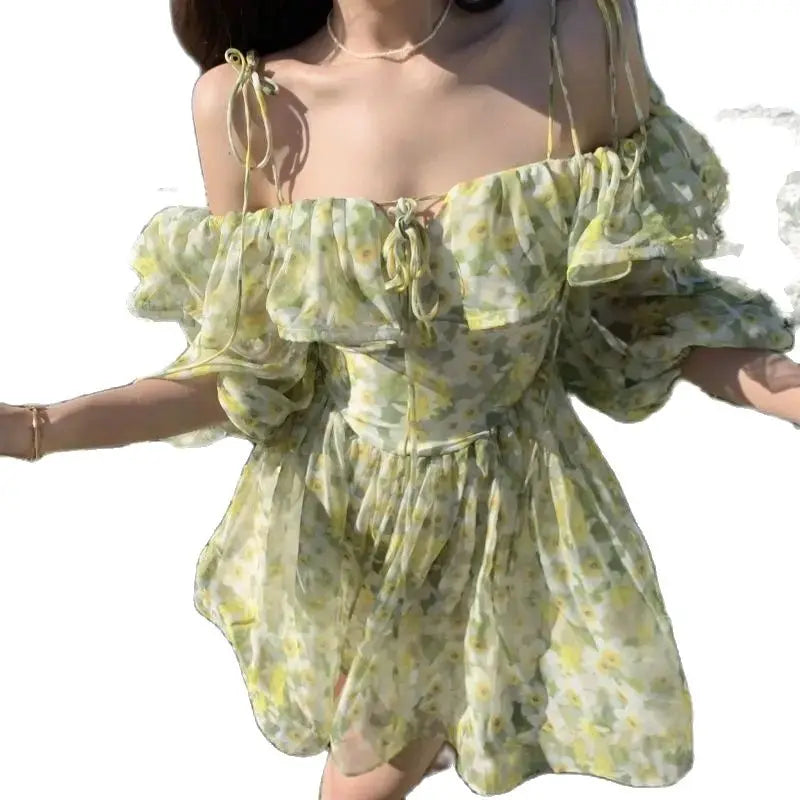 Aiertu Dress Floral Suspender Backless Ruffles Summer 2024 Sexy Elegant Dress Women Clothing Female Short Korean Beach Outfits Dress Aiertu