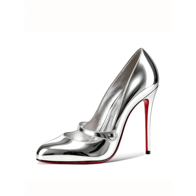 AIERTU  -  New Slim Heel sexy Shallow Mouth 12cm Round Toe Women's Straight Line with Rhinestone Buckle Retro Mary Jane Single Shoe Aiertu