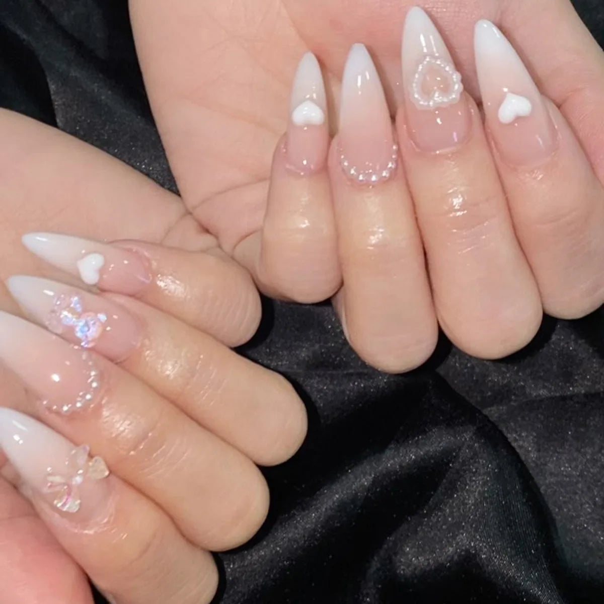 Aiertu 24Pcs Valentine Nails Press on Love Y2k Acrylic Nails Sparkle Butterfly French Cat Eye Almond Full Cover Stick on False Nail Tip Aiertu