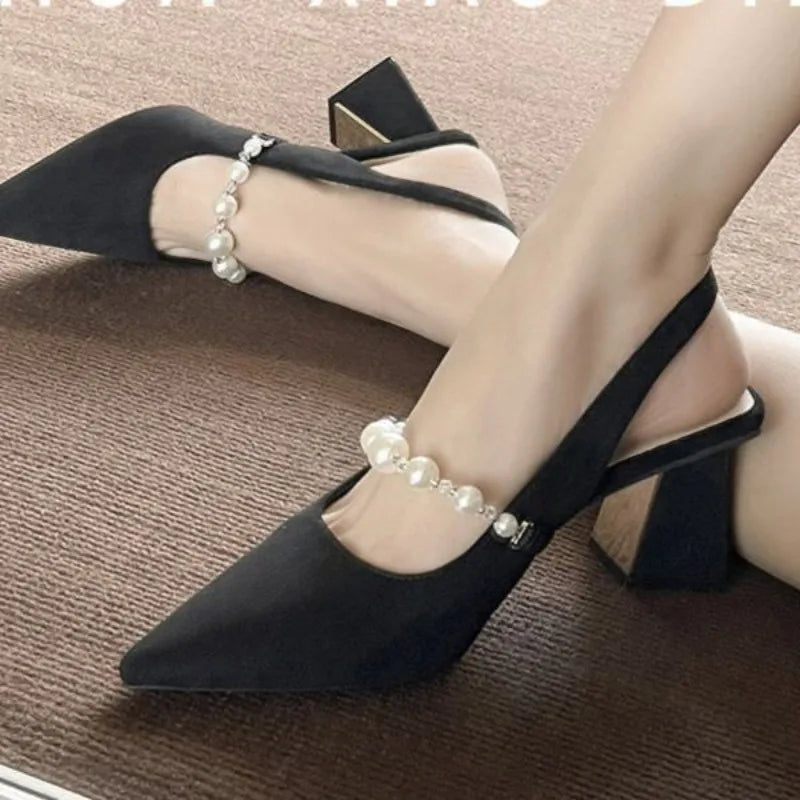 AIERTU  -  Elegant Pearl Embellished Pointed Toe High Heels Sandals Women's Fashionable Fairy Tale Style Back Strap Slip-On Party Shoes Aiertu
