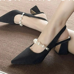 AIERTU  -  Elegant Pearl Embellished Pointed Toe High Heels Sandals Women's Fashionable Fairy Tale Style Back Strap Slip-On Party Shoes Aiertu