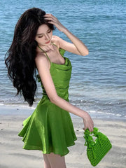Aiertu Summer Green Sleeveless Slip Sexy Club Vacation Elegant Pleated Mini Dress 2024 New Fashion Evening Party Dress Women Streetwear Aiertu