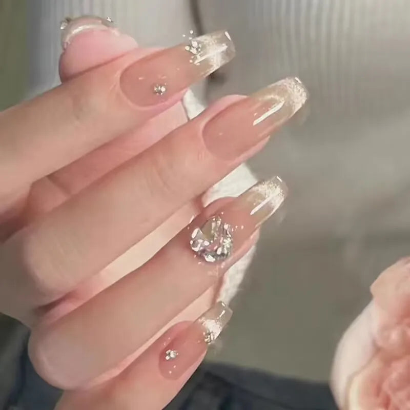 Aiertu 24Pcs Valentine Nails Press on Love Y2k Acrylic Nails Sparkle Butterfly French Cat Eye Almond Full Cover Stick on False Nail Tip Aiertu