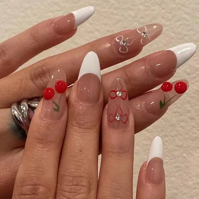 Aiertu 24pcs Vintage Cute Strawberry Fake Nail Girls Weable Romantic White Lace Decor False Nail Patch Detachable Almond Press on Nails aiertu