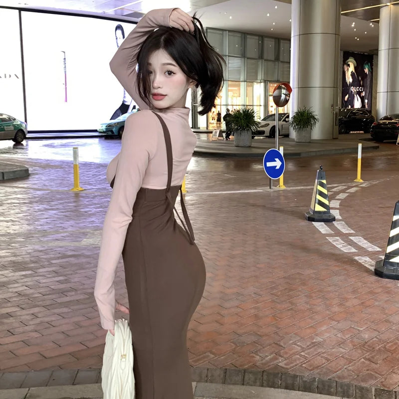 Aiertu DRESS TO IMPRESS Street Sexy Suspender Dress Women Autumn Winter Waist Tight Spice Girl Mermaid Skirt Bottom Long Sleeve T-Shirt 2 Piece Set Aiertu