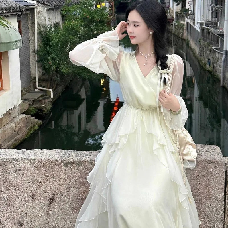 AIERTU  -  Spring/summer Women's New Milky White French First Love Long Skirt Fairy Skirt Gentle Style V-neck Slimming Drape Dress Aiertu