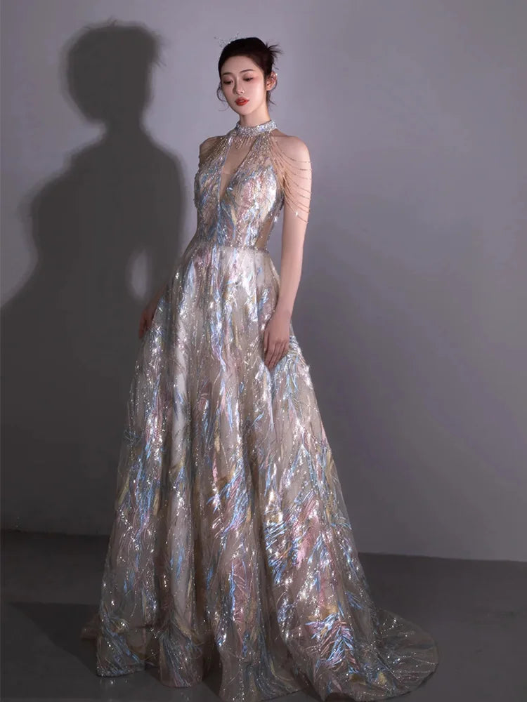 Aiertu Shining Evening Dresses 2024 Halter Floor Length Long Prom Dresses Shining Sequins Beads Aiertu