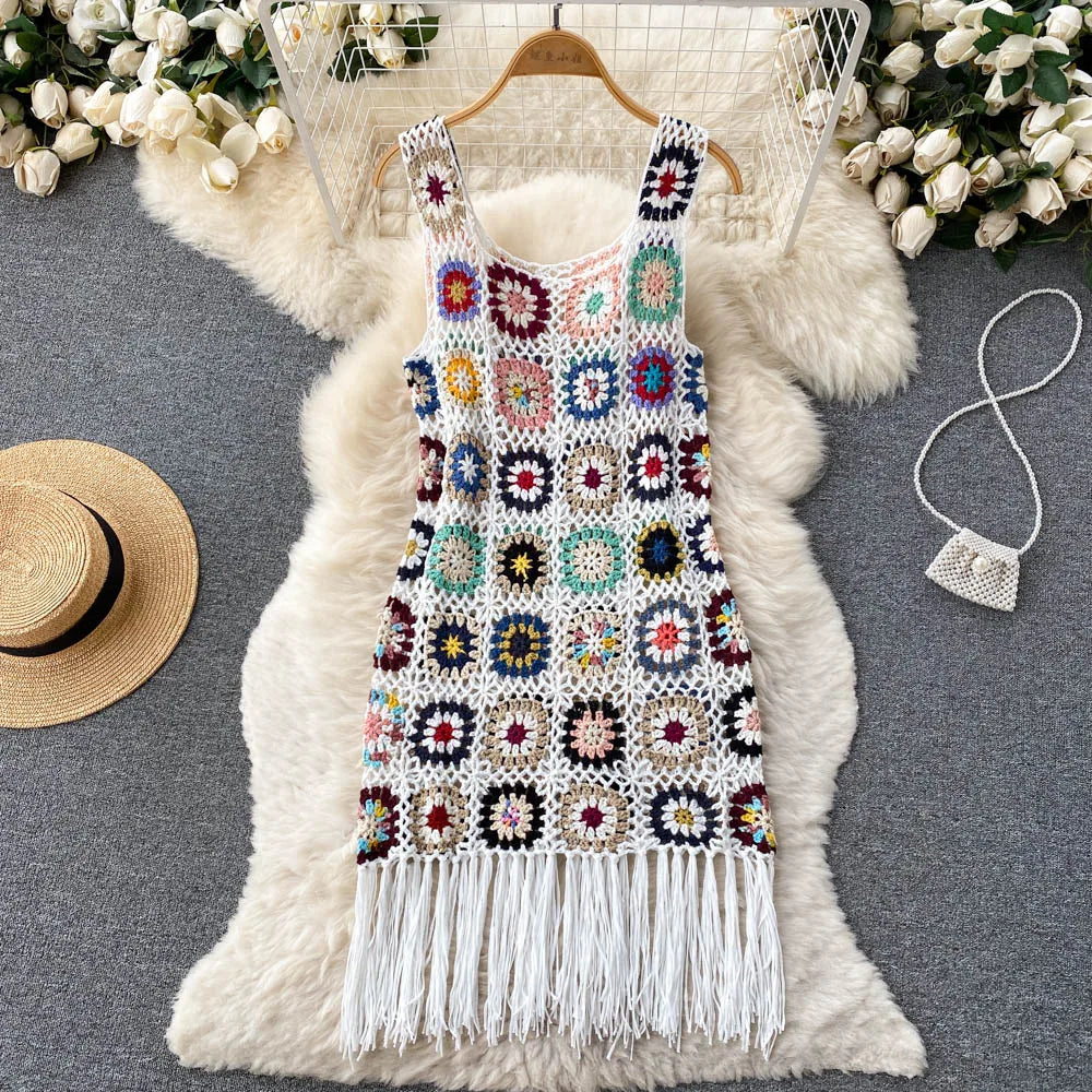 Aiertu Sunmmer Knitted Dress Hook Flower Hollow Out Tassel Women Slim Streetwear Original Design Fashion Vintage Dress Aiertu