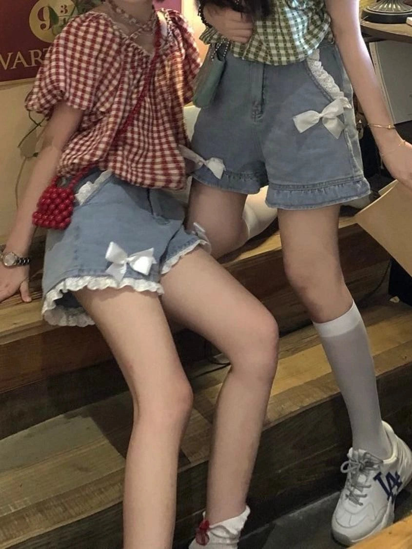 Aiertu Japanese Lolita Soft Girl Denim Shorts Female Student Spring Summer High Waist Lace Bow A- Line Wide Leg Shorts Jeans Hot Pants Aiertu