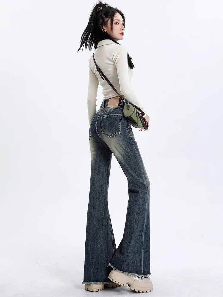 Aiertu Blue High Waist Skinny Pants Jeans Women Autumn High Street Slimming Trumpet Denim Pants Retro Extended Version Horseshoe Pants aiertu