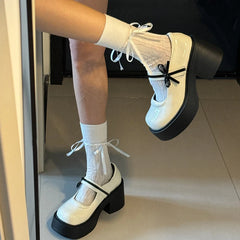 Aiertu Back  to school Platform High Heel Women Mary Jane Shoes Fashion Butterfly-knot Spring Autumn Ladies Dancing Party Prom Leather Shoes Aiertu