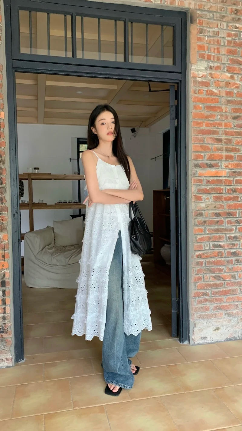 Aiertu White Suspender Embroidered Dress For Women'S Summer High-End Hollowed Out Design, Elegant And Chic Long Skirt Aiertu