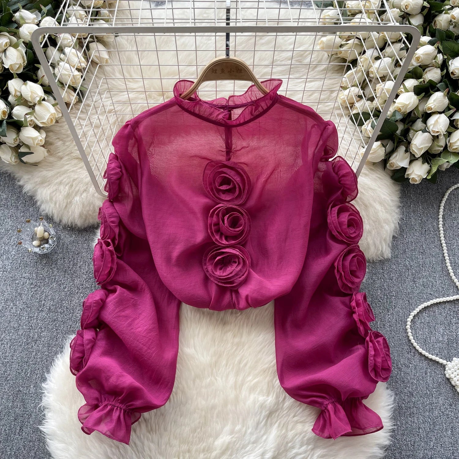 Aiertu  High Quality Organza Women Blouse Ruffles Neck Long Sleeves Loose Sweet Top Korean Style 3D Floral Sheer Shirt Aiertu