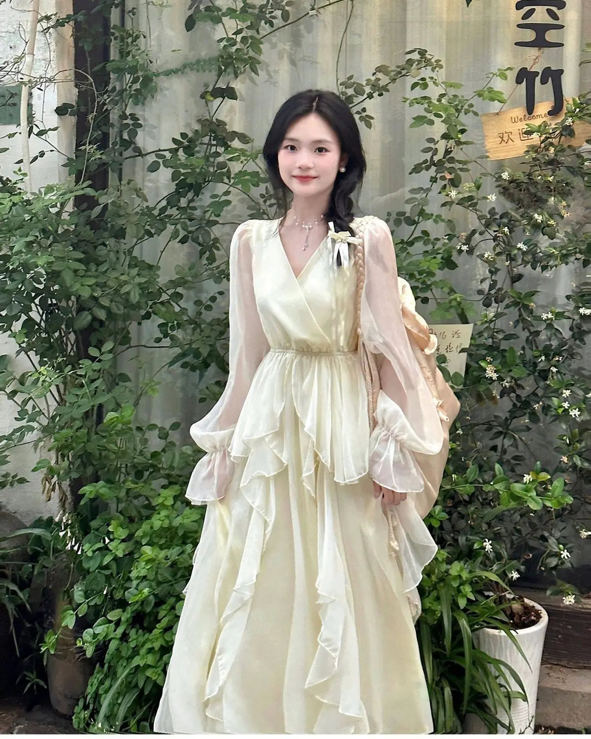 AIERTU  -  Spring/summer Women's New Milky White French First Love Long Skirt Fairy Skirt Gentle Style V-neck Slimming Drape Dress Aiertu