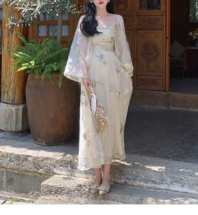 Aiertu Elegant Vintage Floral Slip Dress Women Sequin Embroidery Casual Long Fairy Dress Female 2024 Autumn Fashion Korean Style Dress Aiertu