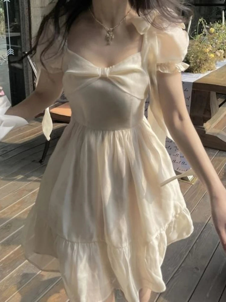 Aiertu Autumn Sweet Puff Sleeve Fairy Dress Women Bow Vintage Casual Princess Mini Dress Female Solid Japanese Kawaii Party Dress Aiertu