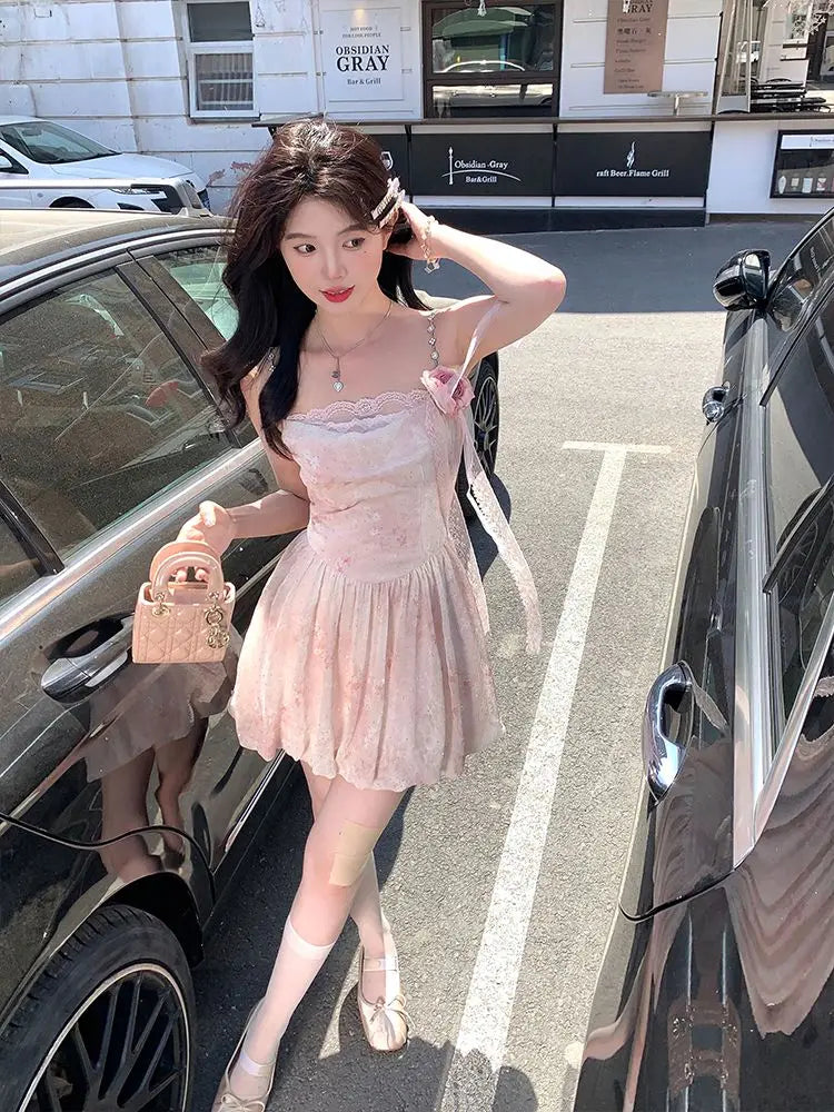 Aiertu Elegant Sleeveless Strap Mini Dress Women Beach Style Lace Dress Even Party 2024 Summer Vintage One Piece Dress Korean Fashion Aiertu