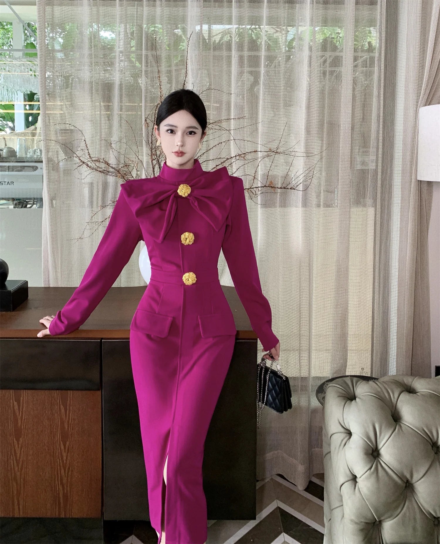 Aiertu Korea Retro Elegant Bow Stand Collar Single Breasted Dress A-line Long Sleeve Casual High Waist Dress Women Spring Autumn Dress Aiertu